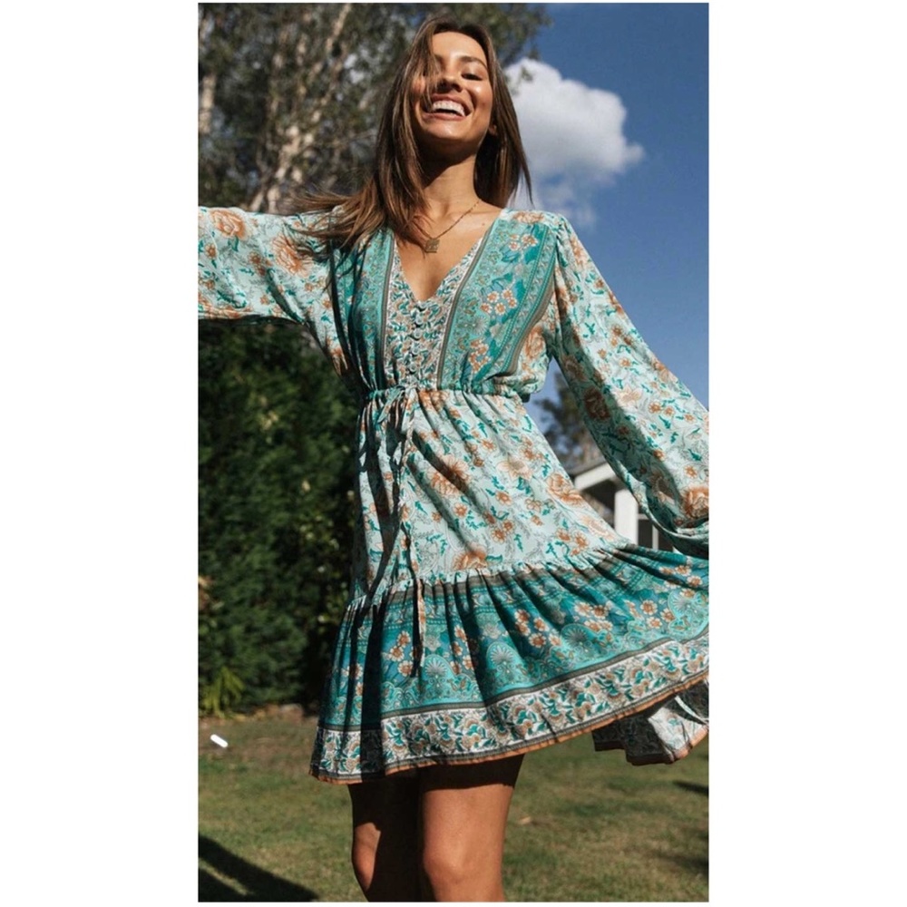 Boho Hippie Gypsy Floral print pink ruffle dress - Picture 13 of 16